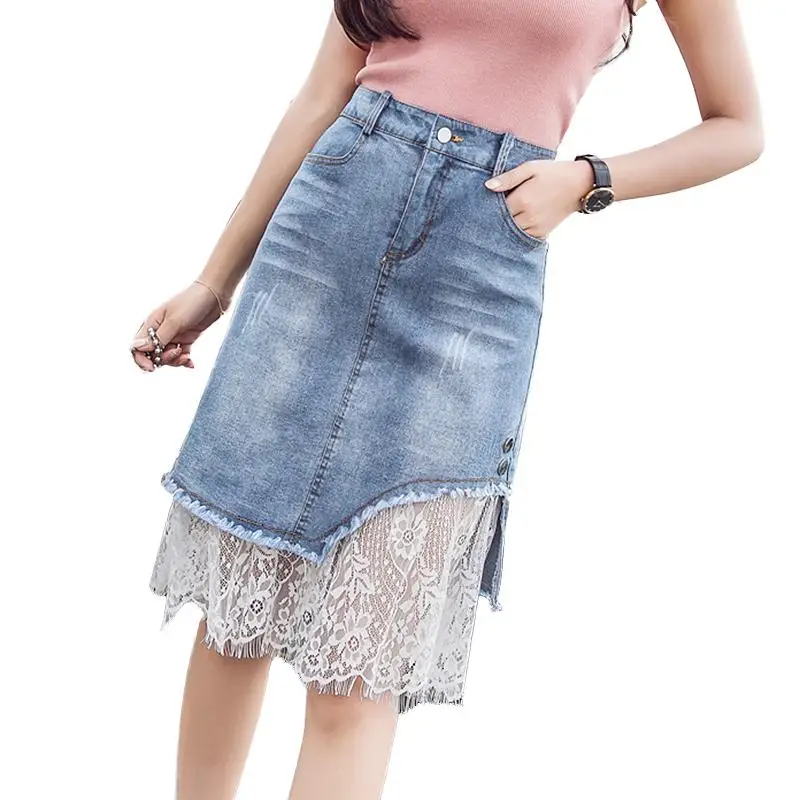 

Fashion Denim Skirts Women Summer Lace Mesh Patchwork Skirts Womens Harajuku Boho Jeans Faldas Mujer Jupe Femme