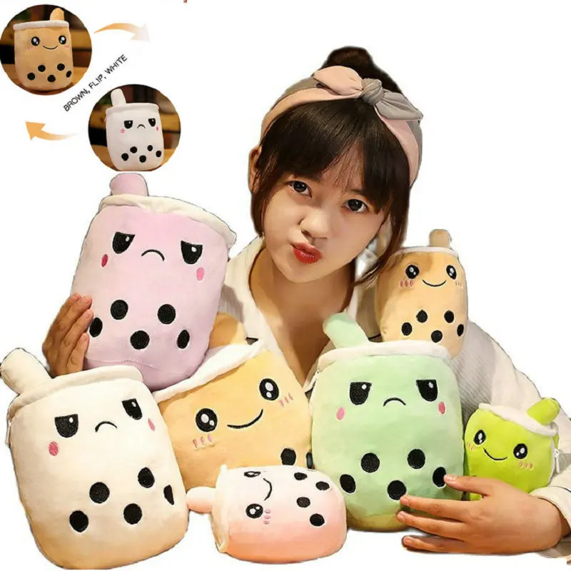 1pc Reversible Boba Plush Toys Double-Sided Bubble Tea Baby  Cuddly Doll Stuffed Two-sided Boba Milk Tea Toy Xmas Gifts for Kids