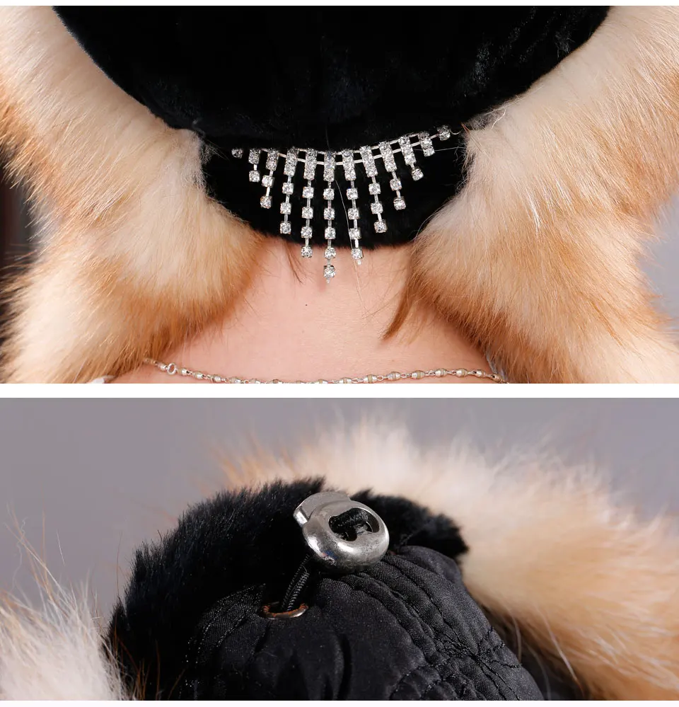 Echte Fuchspelzmütze mit Kaninchenfell-Oberteil, Wintermützen für Mädchen mit langen Pompons, Russische Trappermützen, Bombermützen, Bonnets für Frauen – Detail 14
