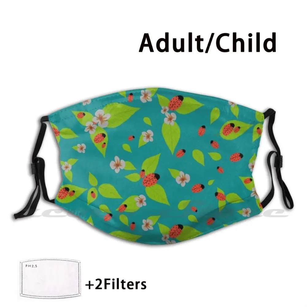 Lady Bugs , Green Mask Cloth Reusable Print Filter Washable Ladybird Leaves Flowers Green Children