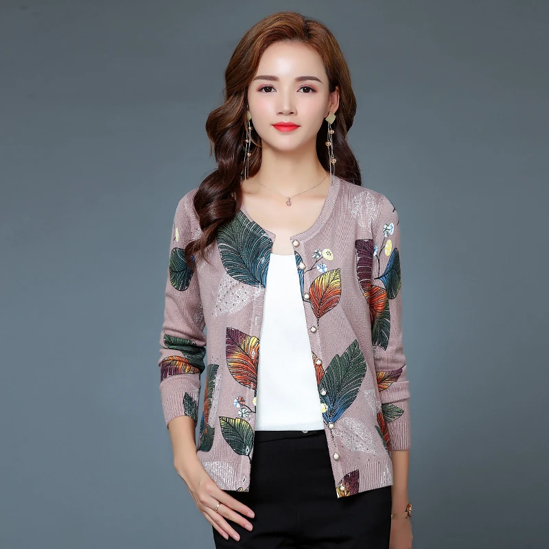 

Women Sweater Cardigan Elegant Floral Printed Knitwear Female Long Sleeve Knit Coat Buttons Sweater