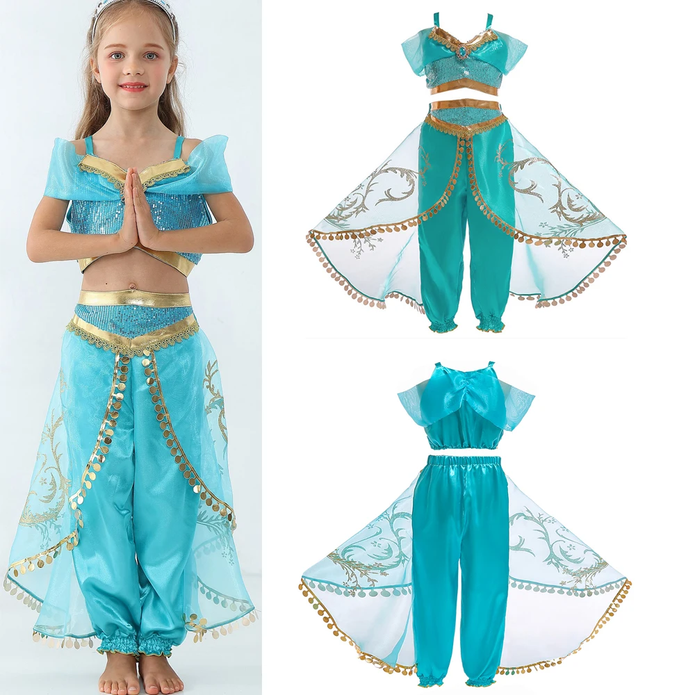 

Girls Kid Summer Jasmine Princess Dance Dress Suit Aladdin Halloween Christmas Performance Costume Top Skirt Pant Two piece Set