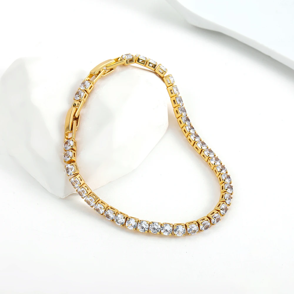 New AAA Cubic Zirconia Stone Tennis Bracelets Gold Color Stainless Steel Metal Chain Bracelet for Women Punk Hip Hop Jewelry