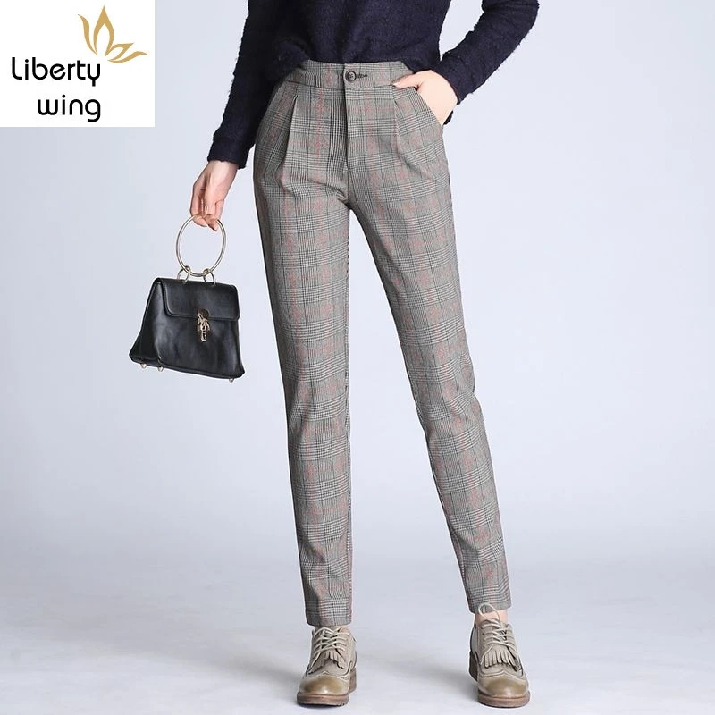 2020 New Summer Fashion OL High Waist Checkered Womens Trousers Casual Slim Fit Pencil Pantalones De Mujer Plus Size