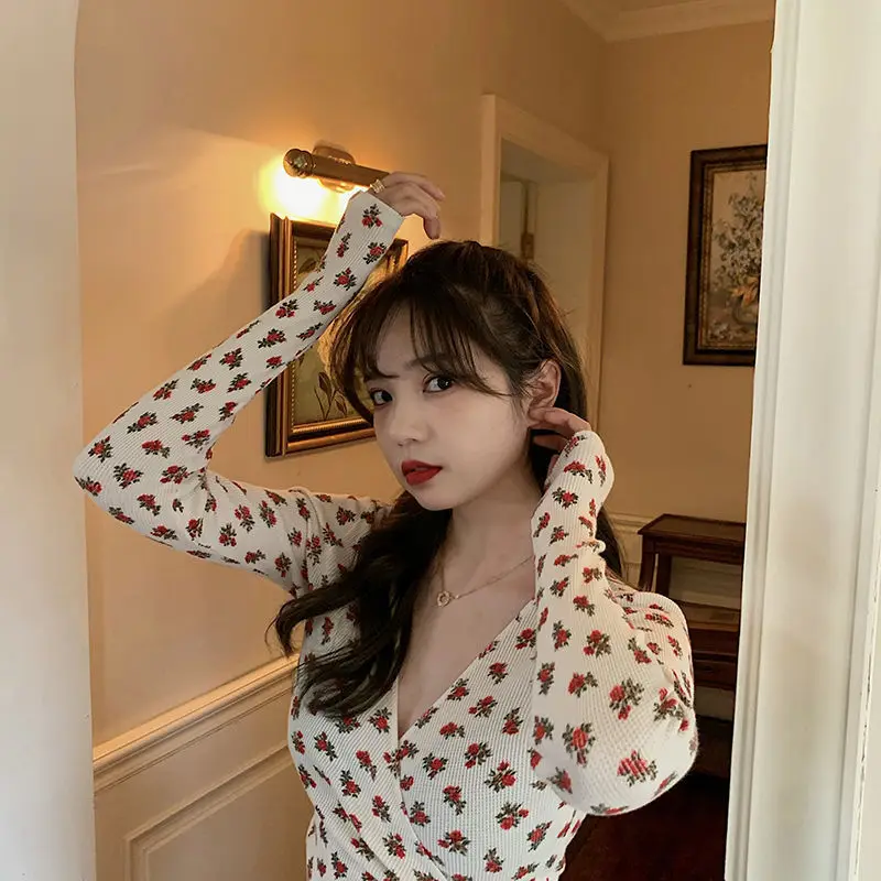 Floral T-shirts Women Spring Trendy Retro Long Sleeve Basic Soft All-match Elegant Ladies Clothing  Ulzzang College Tops