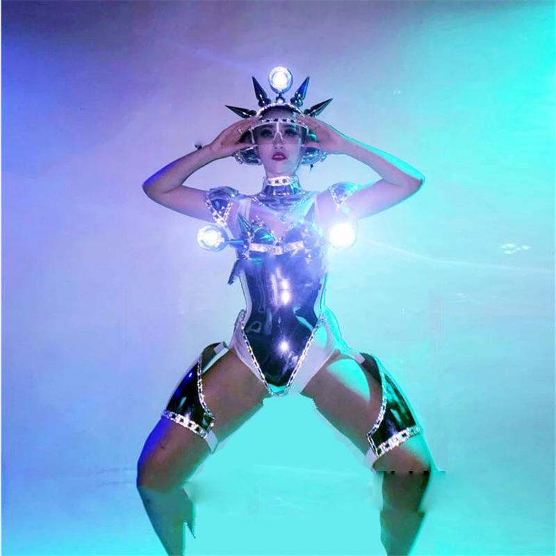 

Sexy Lady Evening Dress Night club bar Catwalk Shows Women Robot Suit Silver Metal Costume Dance Team Outer Space LED Costume