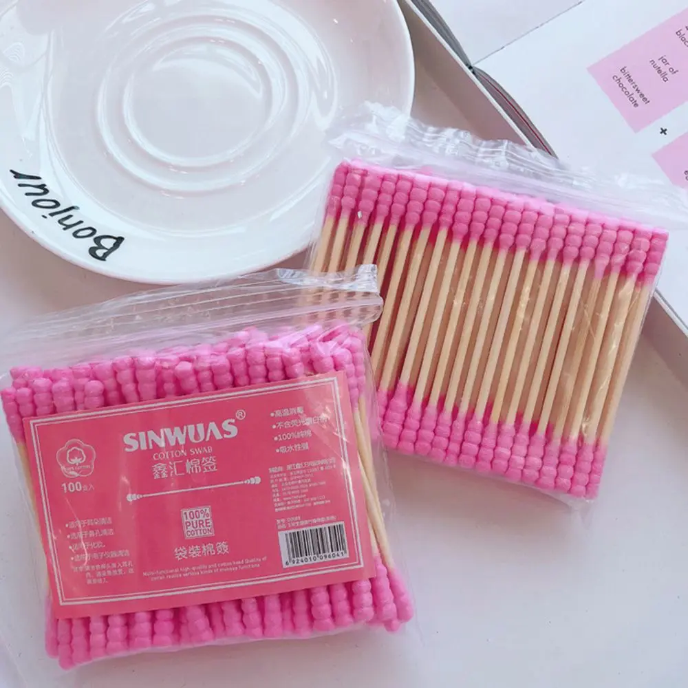 Double Head Cotton Swab Sticks para removedor de maquiagem feminina, Cotton Buds Tip para limpeza de orelhas médicas, rosa, 100 pcs por pacote