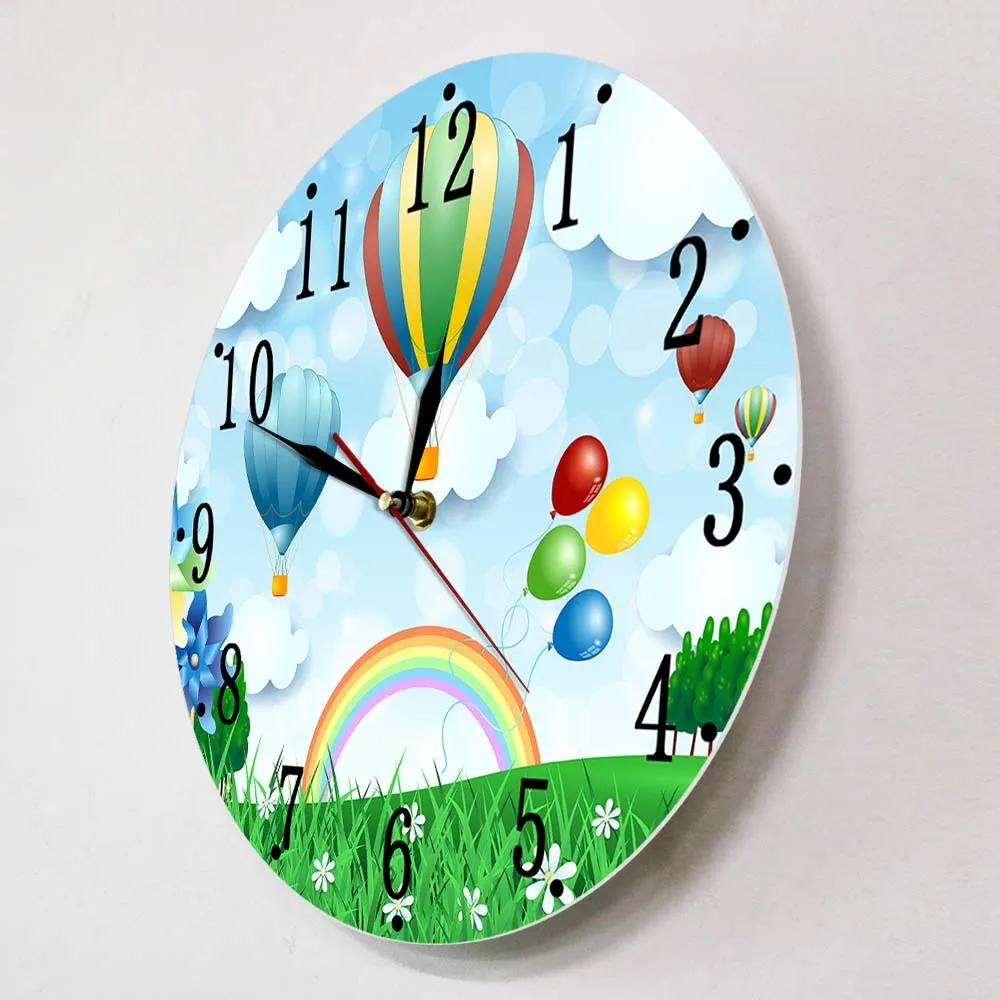 Hot Air Balloons Cartoon Design Wall Clock For Kids Room Silent Non Ticking Print Wall Watch Spring Landscape Nursery Art Decor image 2