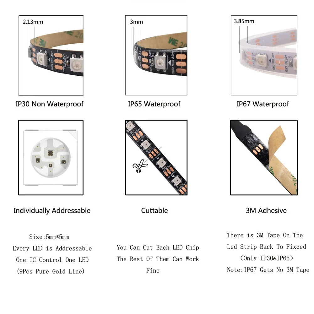 DC5V WS2812B SMD 5050 RGB LED Strip Light Individually Addressable IC 30/60/144Pixels Smart LED Tape Lighting IP30/IP65/IP67