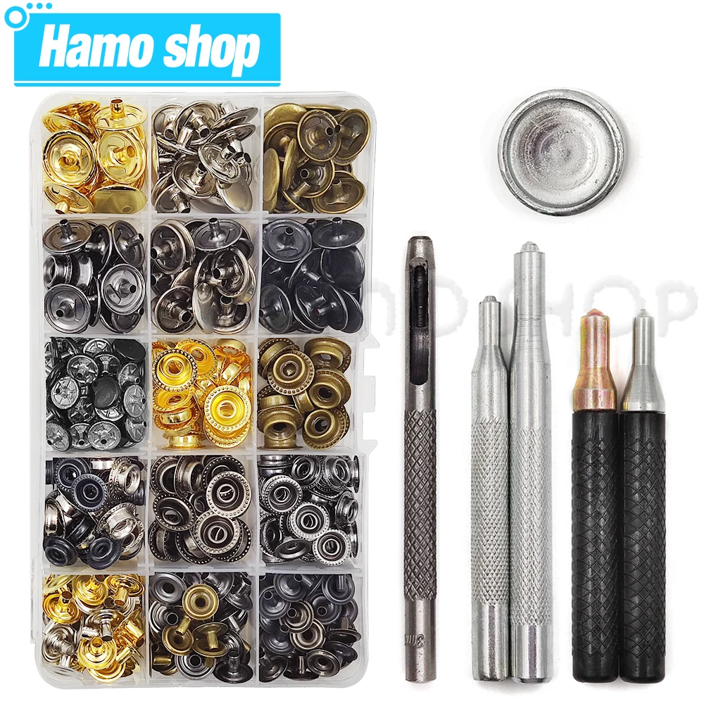 25Sets Metal Snaps Button Snap Fasteners Press Studs With 4 Installation Tools Kit For Clothes Garment Bags Shoes Leathercraft