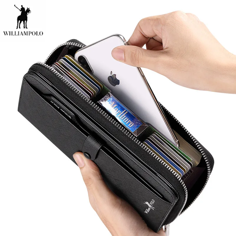 WILLIAMPOLO Men Wallets Brand Card Holder Male Purse genuine Leather Zippers Wallet Men Long Business Clutch carteira masculina