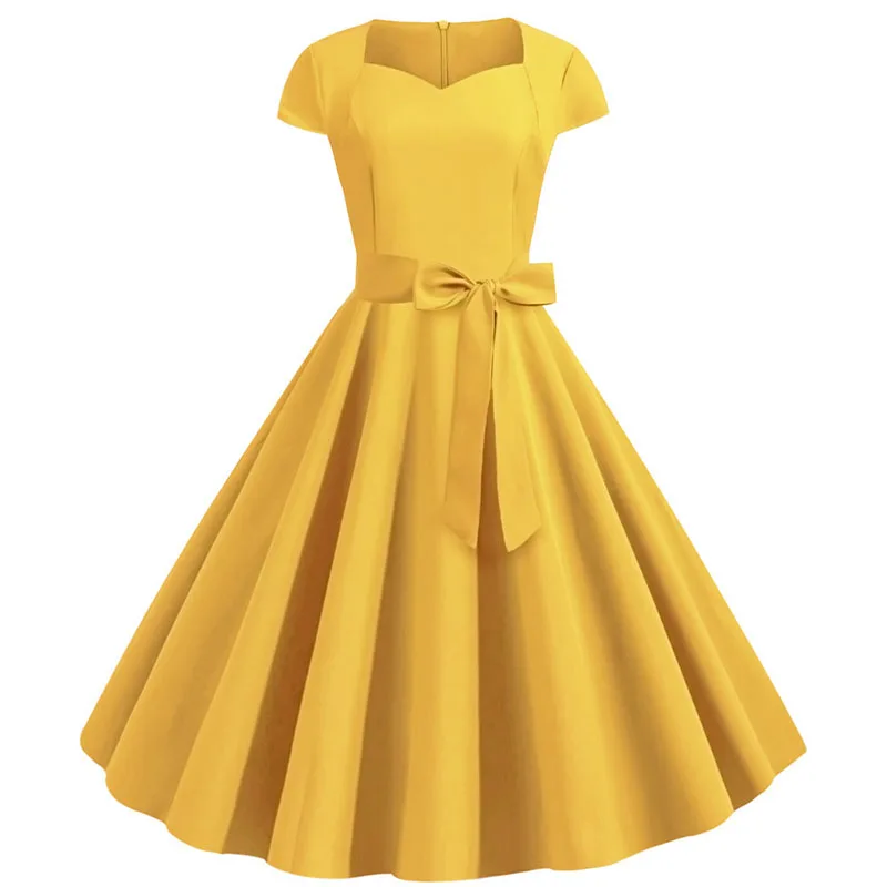 2024 Summer Solid Yellow 50s 60s Vintage Dress Women Short Sleeve Square Collar Elegant Tea Flare Office Party Midi Dresses Belt