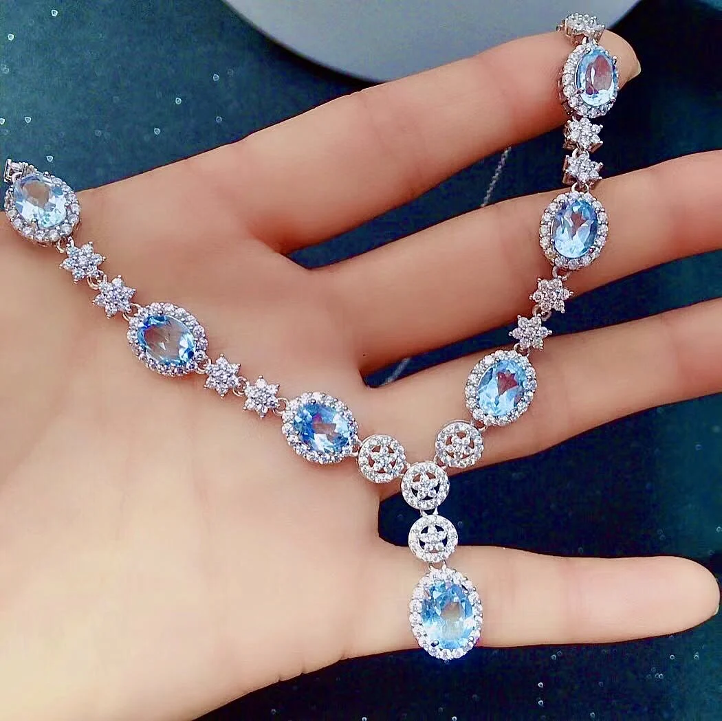 Dazzling 925 Silver Topaz Necklace for Wedding 7 Pieces 100% Natural Light Blue Topaz Silver Necklace Brithday Gift for Wife