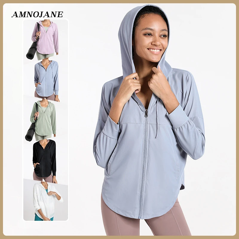 

Yoga Jacket Crop Top Women Long Sleeve Zip Up Gym Running Jackets Loose Hoodie Sport Shirt Training Workout Fitness Shirts