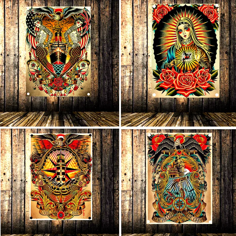 

Retro Tattoo Poster Banner Flag Tapestry Wall Stickers Canvas Painting Wall Hanging Cloth Art Bar Cafe Barber Shop Home Decor B1