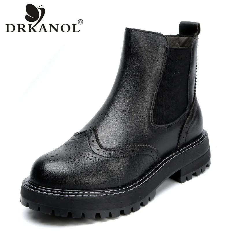 DRKANOL Handmade Women Boots Vintage Genuine Leather Flat Ankle Boots Ladies Autumn Winter Bullock Casual Platform Boots Black