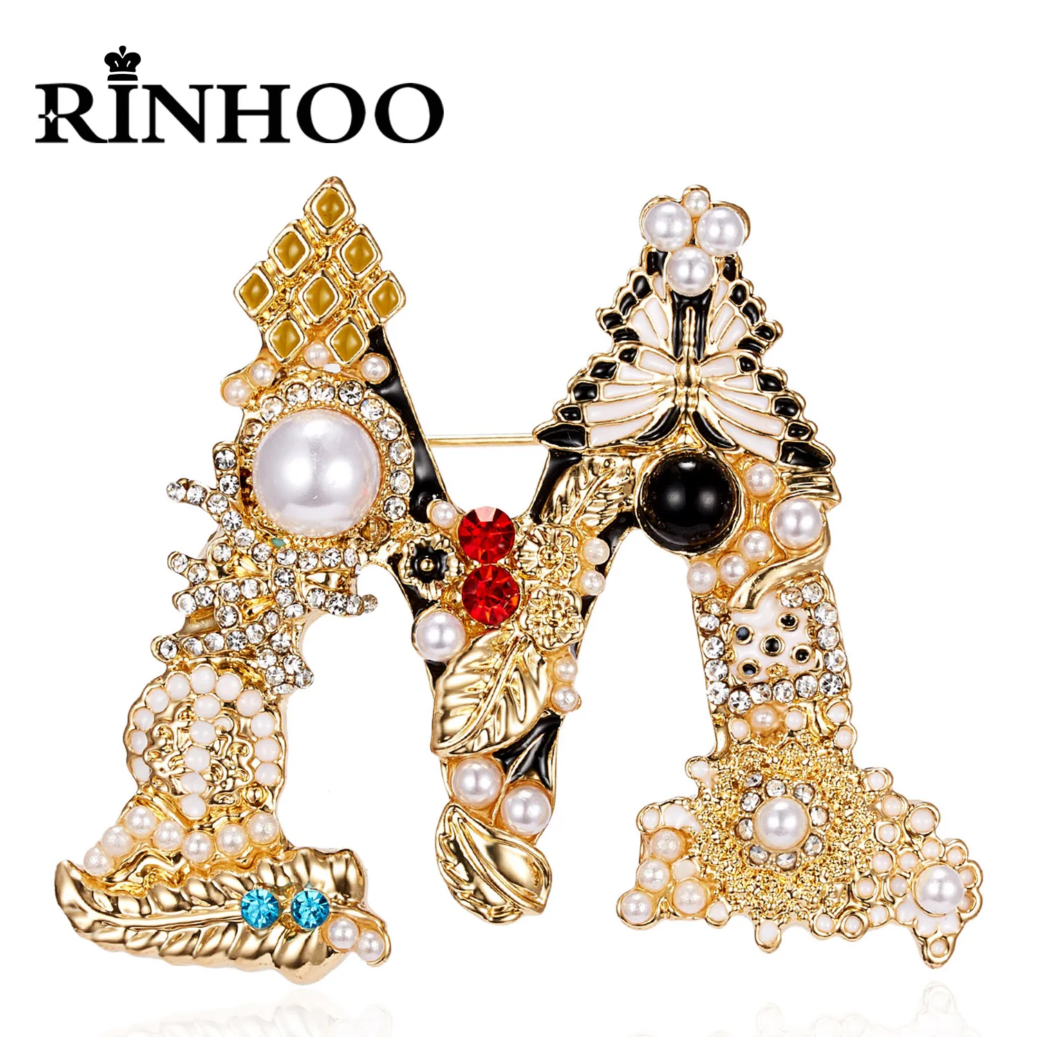 Rinhoo Vintage Rhinestone Letter A D G S M Enamel Imitation Pearls Brooches Women Baroque Alphabet Initial Pins Wedding Jewelry