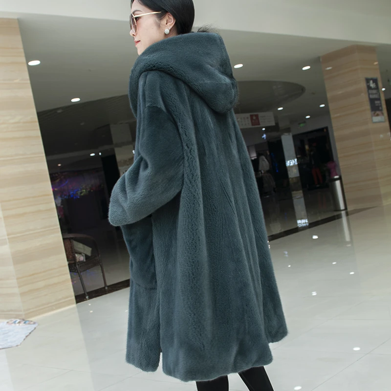 New Fashion Real Mink Whole Fur Women Coat X-Long Skirt  With Hood Natural Mink Fur Winter Thick Warm Female Mink Fur Jacket