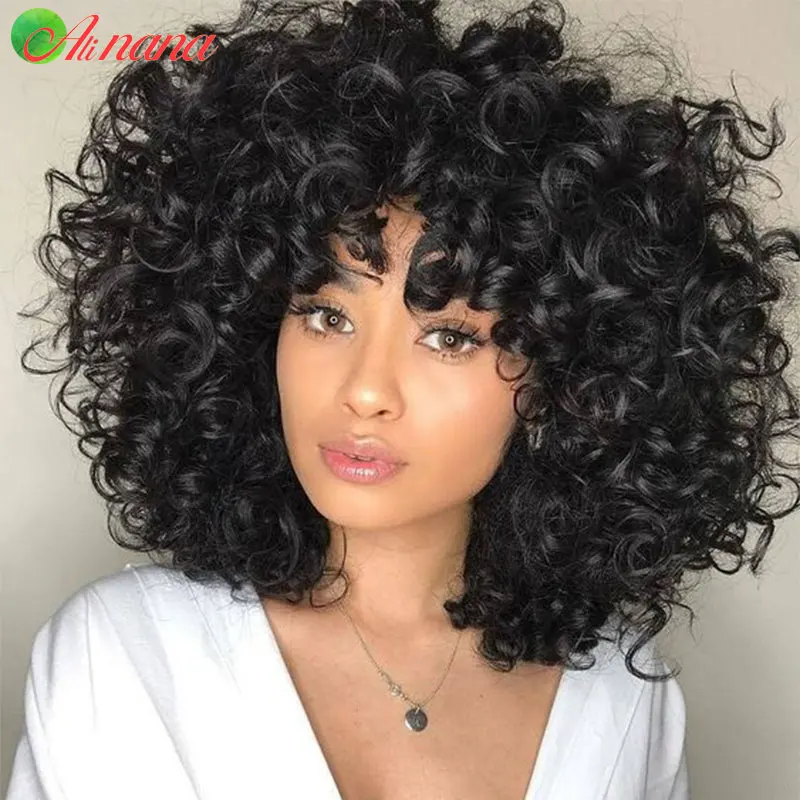 Brazilian Bouncy Curly Scarf Wig Ginger/Brown/ Blonde Color Full Machine Wig With Bangs Curly Style100% Human Hair Wig For Women