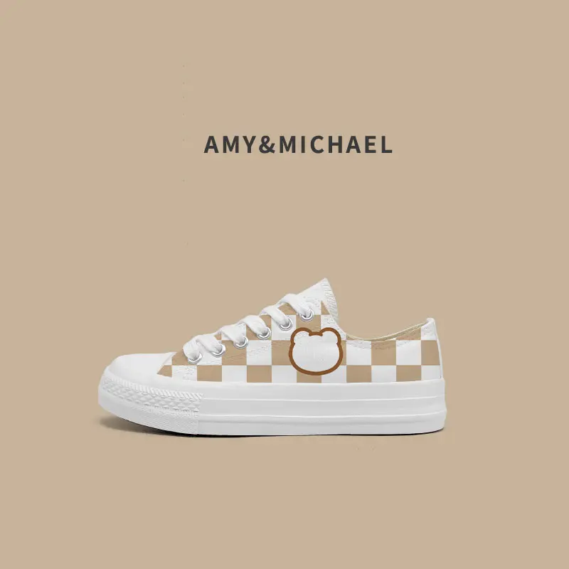 Amy and Michael Lovely Plaid Lattice Anmie Canvas Shoes Kawaii Girls Students Low-top Flat Espadrilles Woman Vulcanized Shoes