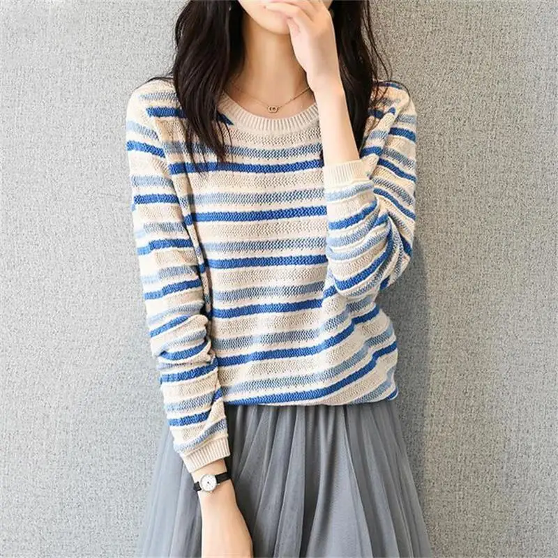 Blue Orange Striped Women 2023 Autumn Spring Pullover Long Sleeve O-Neck Fashion Contrast Sweater Femme Soft Loose Cotton Jumper