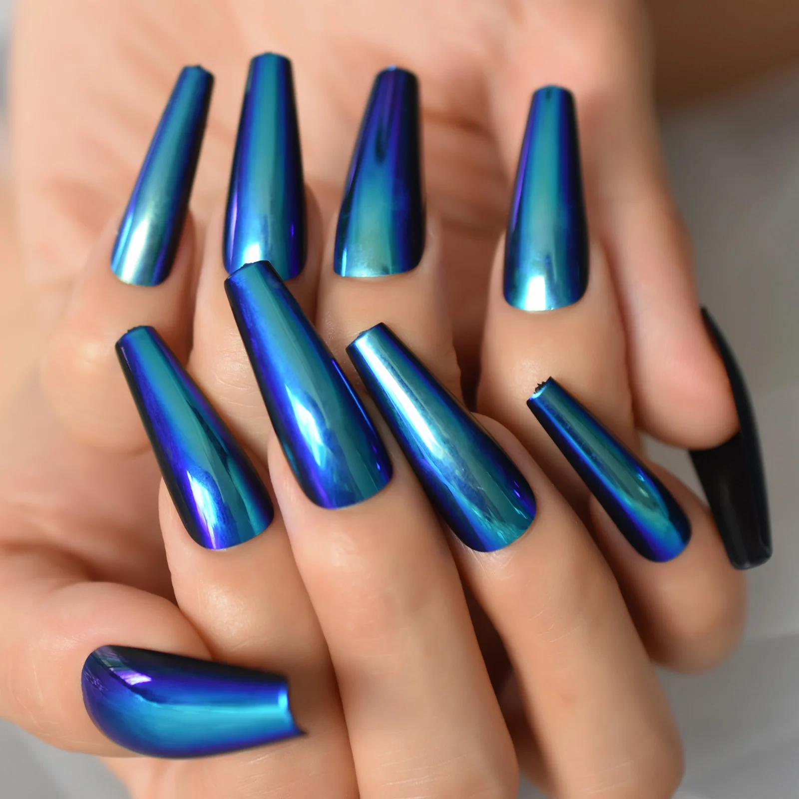 Extra Long Chrome Press On Nails Blue Mirror Fake Nails Tapered Shiny Hard False Nails Set Coffin Ballerina Salon Nail Tips