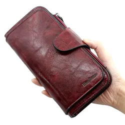 Cartera de cuero con tres pliegues para mujer, monedero VINTAGE para teléfono móvil, monedero femenino