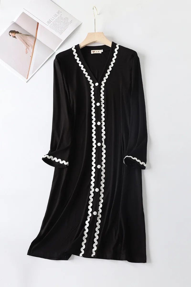 Spring Autumn Modal Nightdress Cardigan Lace Long Sleeve Mid Length Dress Outer Wear Home Clothes Women\'s Nightwear Nightgowns