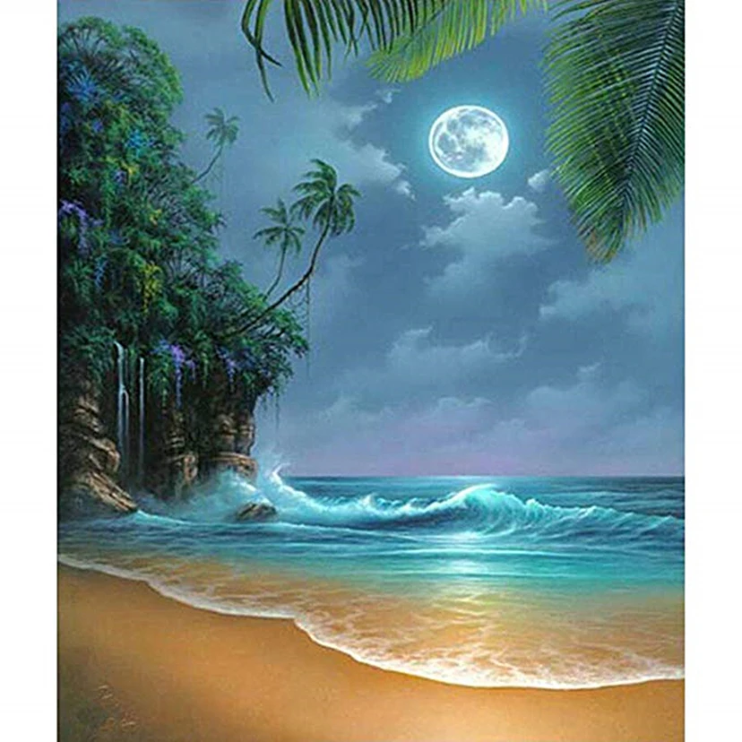 

DIY 5D Diamond Painting seascape, Full square/round Seaside Moon Beach Embroidery Rhinestone Cross Stitch Arts Craft WG1246