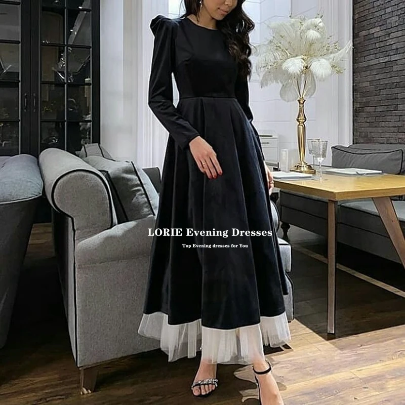 LORIE Đen Đơn Giản Taffeta Với Voan 2021 Chữ A Xòe Áo Tay Dài Cạp Cổ Chính Thức Dạ Hội Người Nổi Tiếng Áo