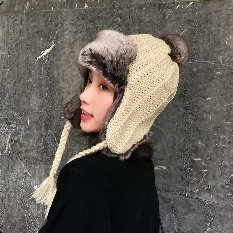 

H3584 Women Bomber Hat Autumn Winter Female Warm Thickened Thermal Ear Protection Knitted Cap Student Girl Outdoor Casual Caps