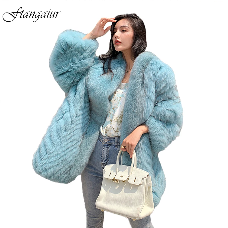 

Ftangaiur New Women Winter Finland Import Fox Fur Coat Weave Whole Skin Female Fox Coats Medium V-Neck Natural Fox Fur Coats