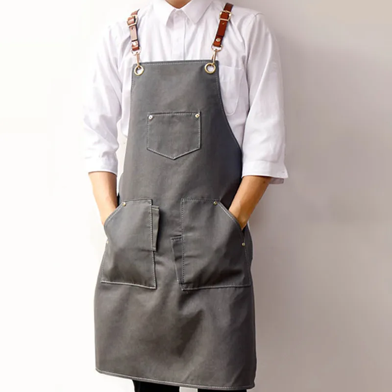 Gray Denim Apron Cowhide Leather Strap Barista Mixologist Pastry Chef Uniform Barber Hairdresser Florist Artist Work Wear K30