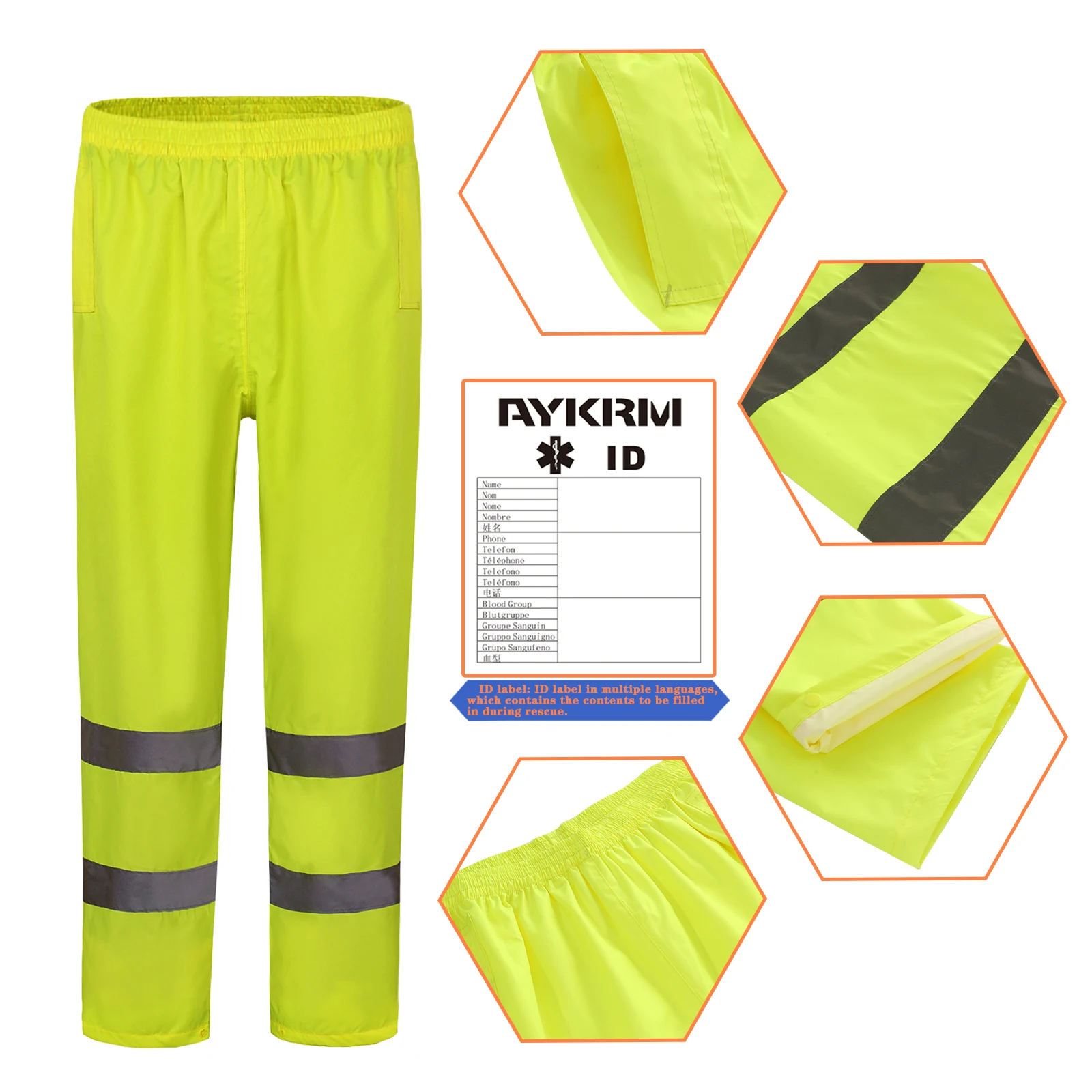 AYKRM HI VIS odblaskowe spodnie bezpieczne, wodoodporne, wiatroszczelne spodnie dresowe długie wycieczki rowerowe typu Oxford