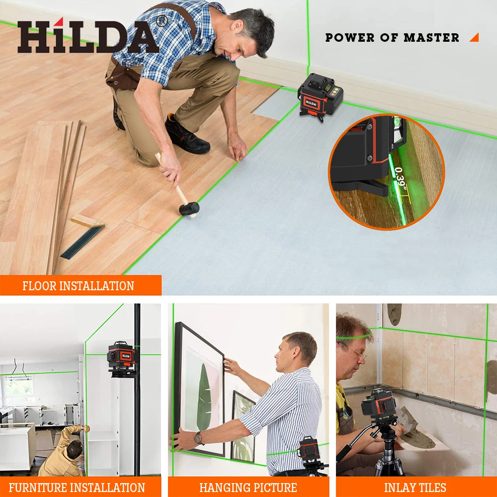 HILDA 3D/4D Laser Level Auto Self-Leveling 360 Horizontal And Vertical Cross Super Powerful Green Laser Level