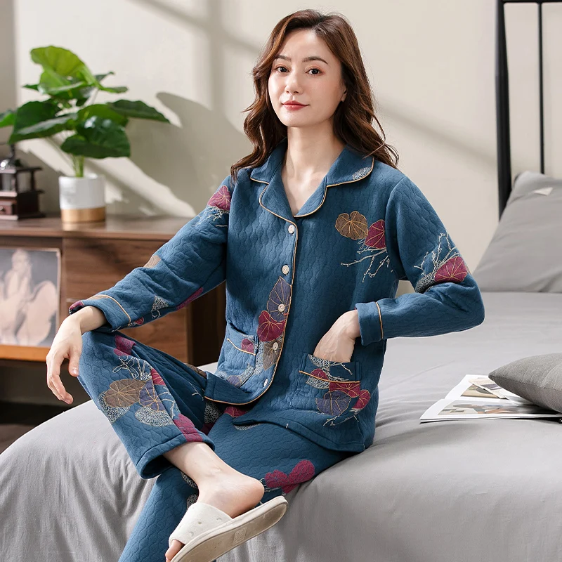 Women laminated air cotton pajamas female leaf pattern warm pyjamas thin quilted suit long sleeve pajama winter leisure wear 3XL