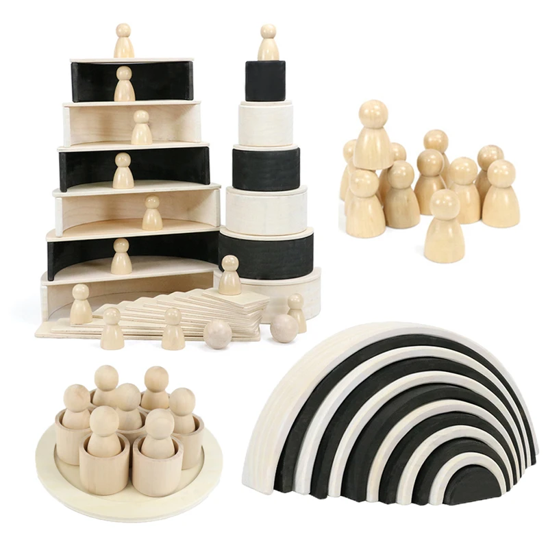 

Wooden Rainbow Blocks Black White Arch Block Wood Stacking Toys Nature Color Grimms Peg Dolls Rainbow Building Stackers for Kids