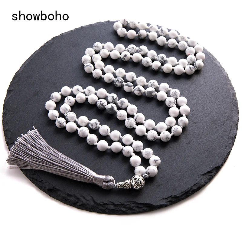 8mm Natural White Howlite Japamala Necklace 108 Mala Beaded Knotted Yoga Meditation Spiritual Jewelry with Tassel Pendant