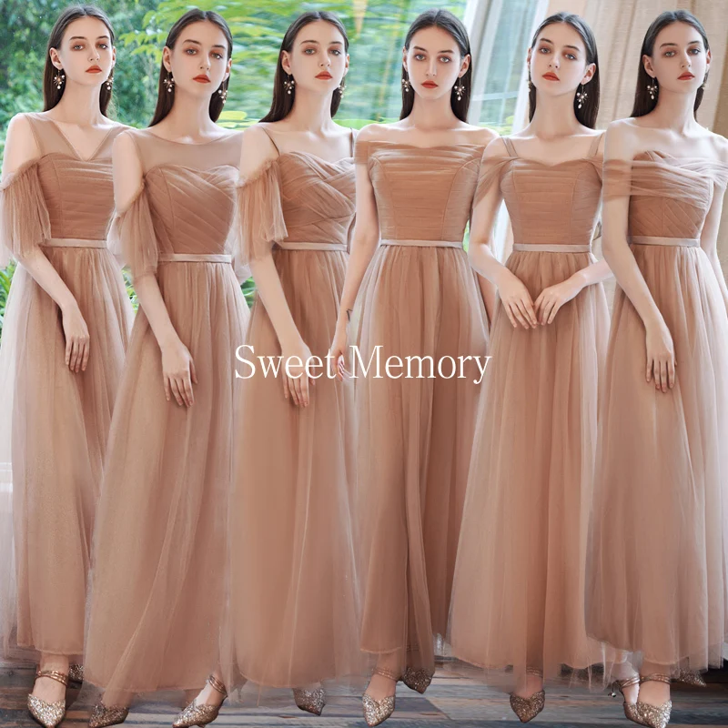 SW069 Cheap Light Coffee Color Bridesmaid Dress Tulle Lace Up Wedding Party Robe Sweet Memory