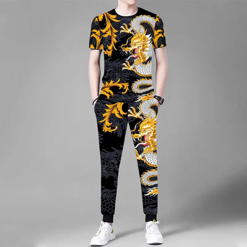 Men's daily casual suit 3D dragon print summer short-sleeved T-shirt + elastic band trousers 2-piece fashion street men's suit