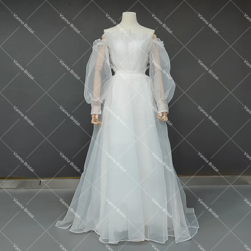 Vestido de novia de manga larga con cuello de Organza festoneado, vestido de novia de princesa sin espalda, hecho a medida, talla grande, hombros descubiertos, barato