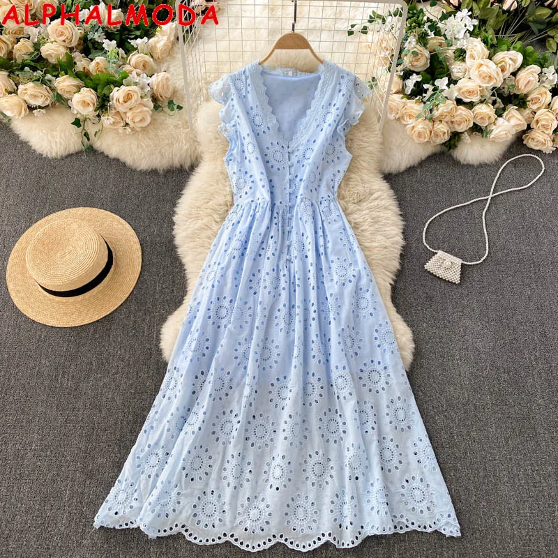 

ALPHALMODA Bohemian Dress V-neck Single Breasted Retro Hollow Out Lace Slim Fit Holiday Dress Beach Style Women Fashion Dress