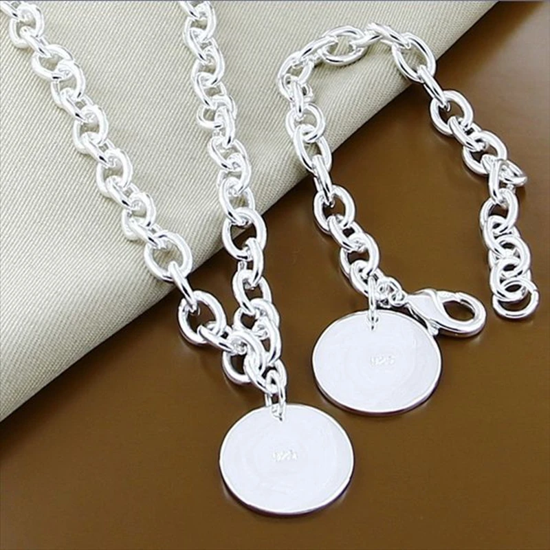 New Style 925 Sterling Silver Round 18 Inch Necklace 8 Inch Bracelet Set For Women'S Wedding Engagement Party Jewelry