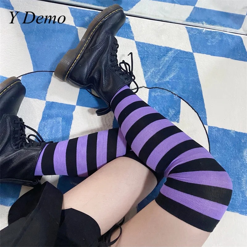 Y Demo Harajuku Grunge Striped Over-knee Women\'s Stockings Casual Stretchy Slim Stockings