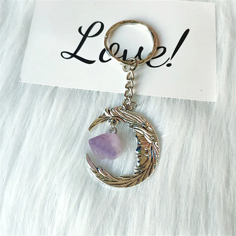 purple crystal moon key chain crescent moon jewelry dark style gothic stone pendant magic wiccan witch style macabre amulet