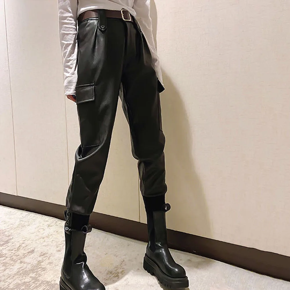 Winter Autumn Women Chic Leather Pants High Waist Trousers Black Faux PU Leather Pants Woman Elegant Pockets Streetwear Pants
