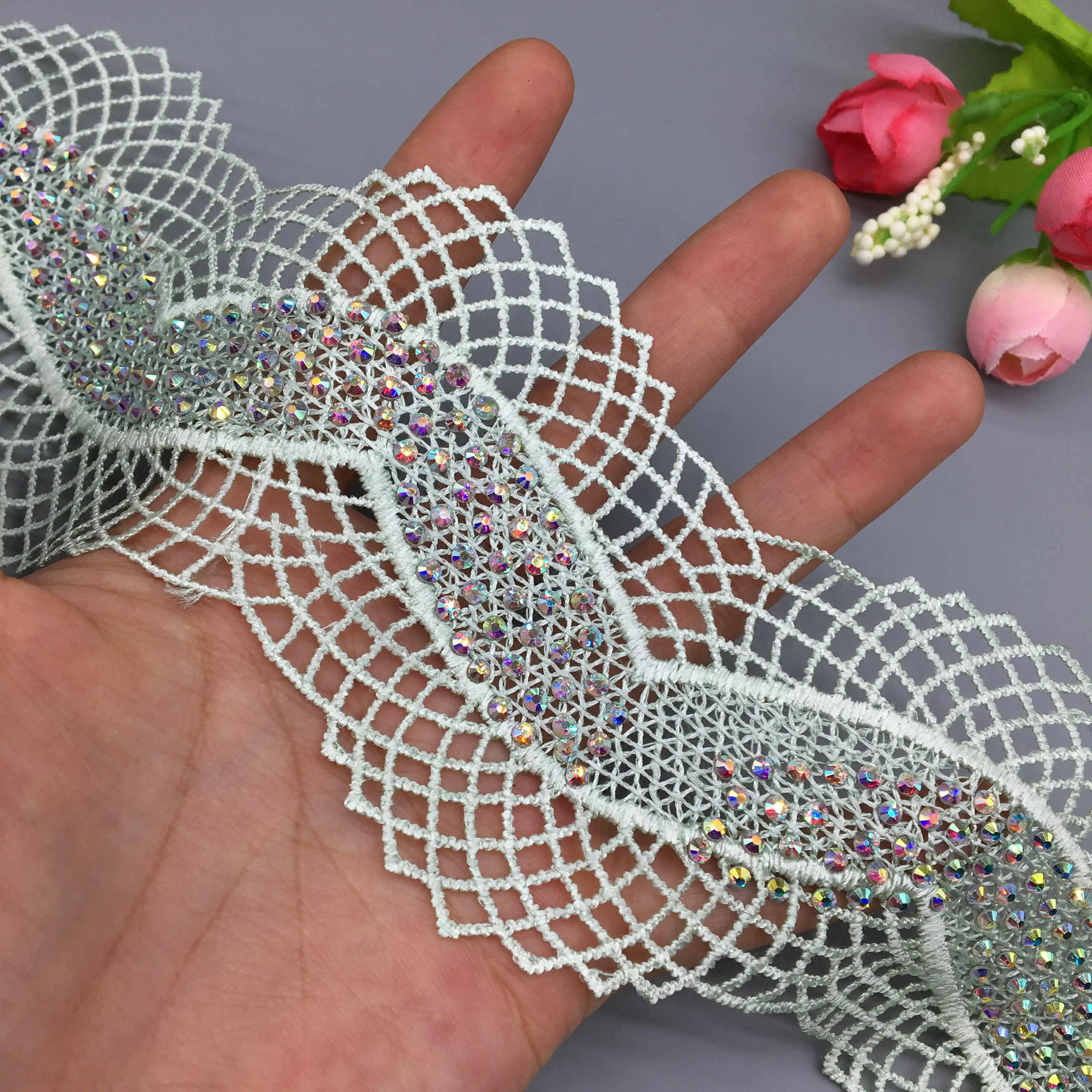 

1 yard Green 6CM Rhinestones 3D Bending Wave Embroidered Mesh Lace Trim Ribbon Fabric Sewing Craft DIY For Costume Wedding Dress