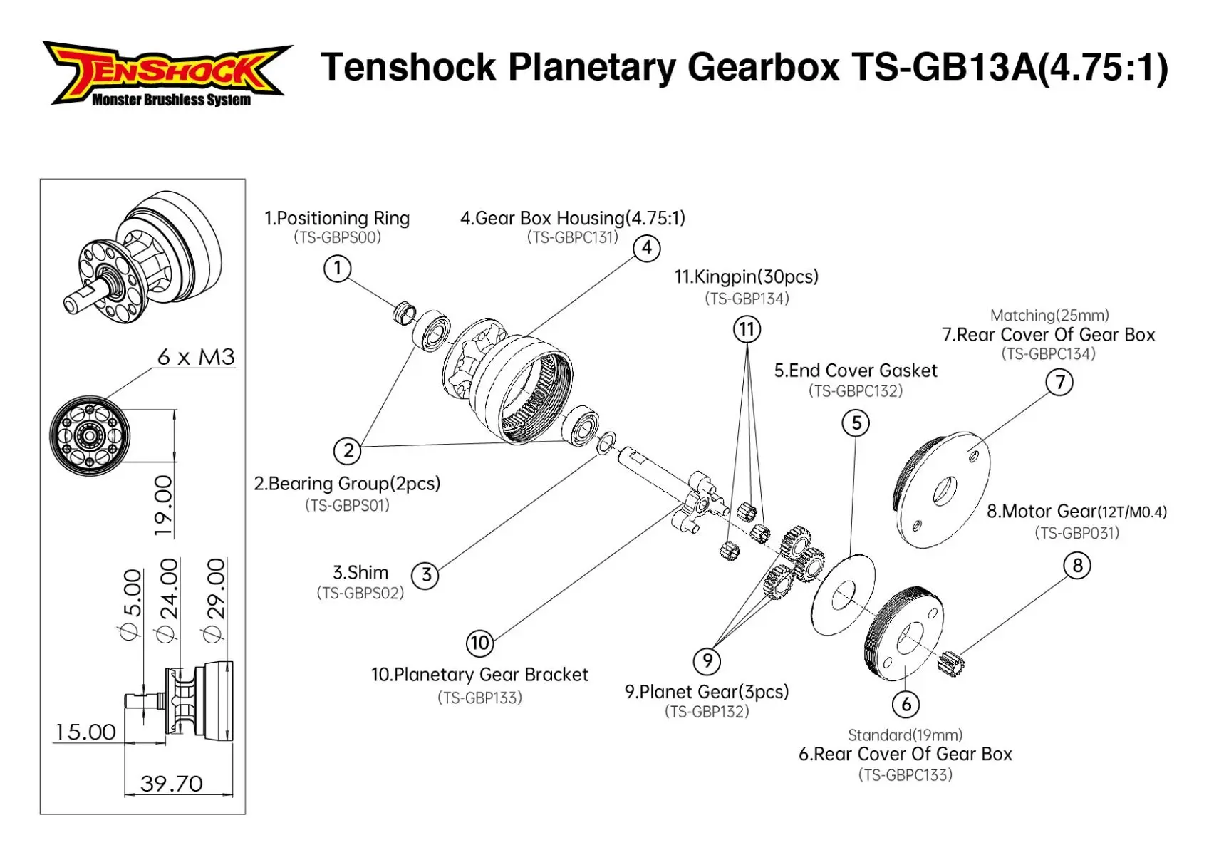 Tenshock Planetary Gear Box TS-GB13A Per TS-MI-EVO1510GA Motore