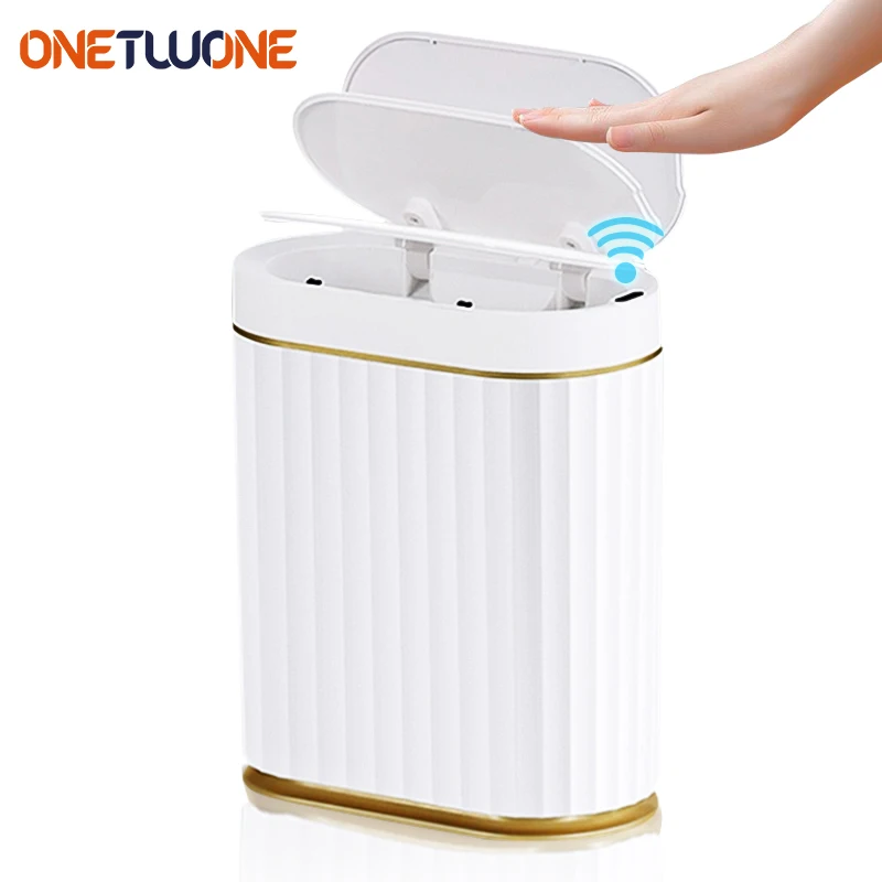 Smart Sensor Trash Can Stripe Golden Edge Waste Bin Bathroom Kitchen Waterproof Bin Narrow Seam Automatic electric Bin