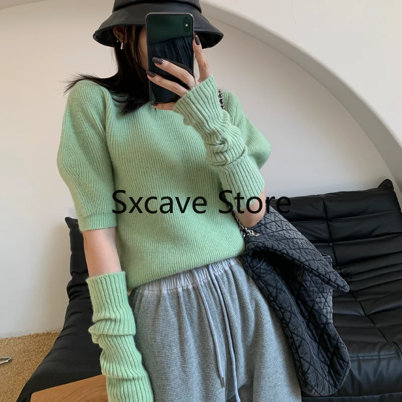 2022 Spring Knitted Sweater Women Casual Design Long Sleeve Pure Color Slim O-Neck Pullover Korean Y2k Crop Tops Office Lady